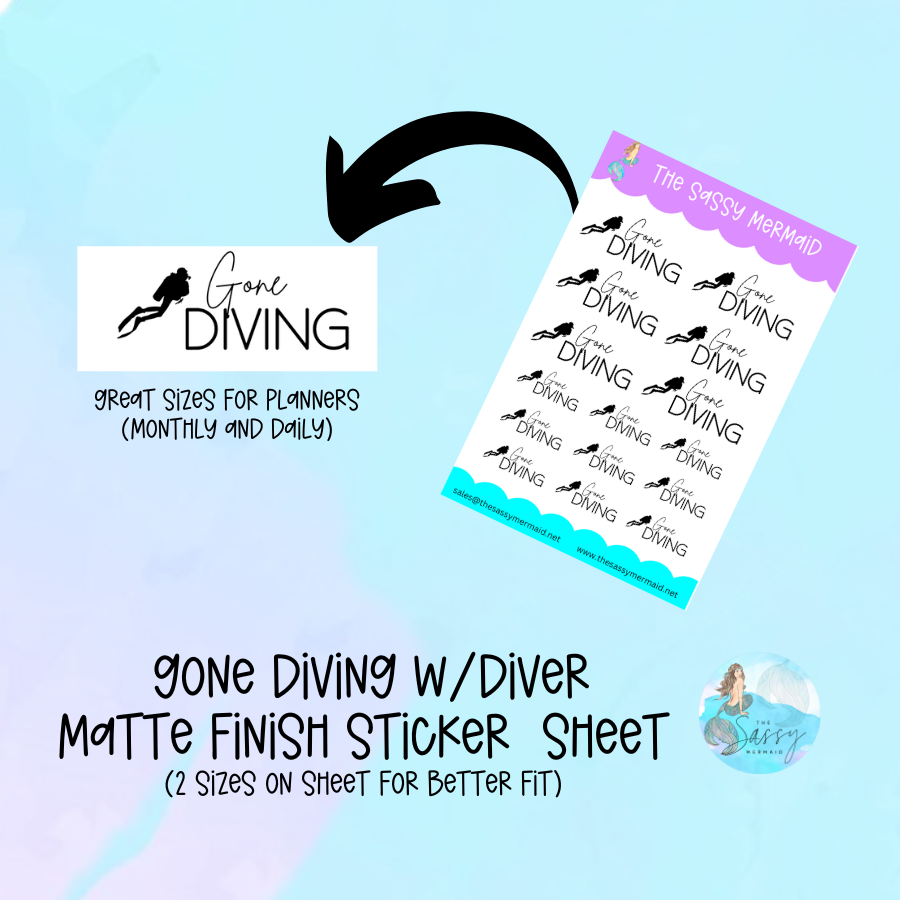 Gone Diving sheet stickers with diver