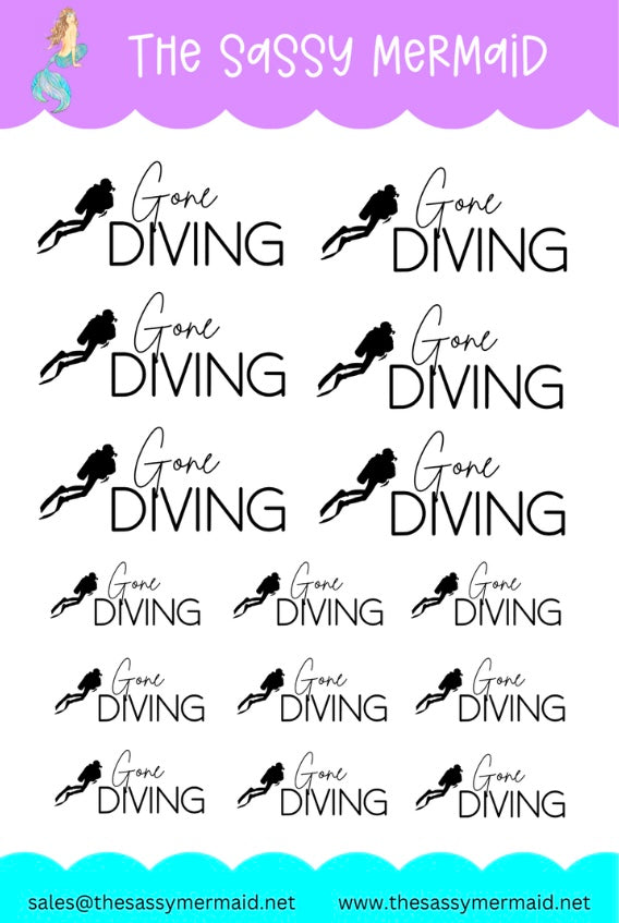 Gone Diving sheet stickers with diver