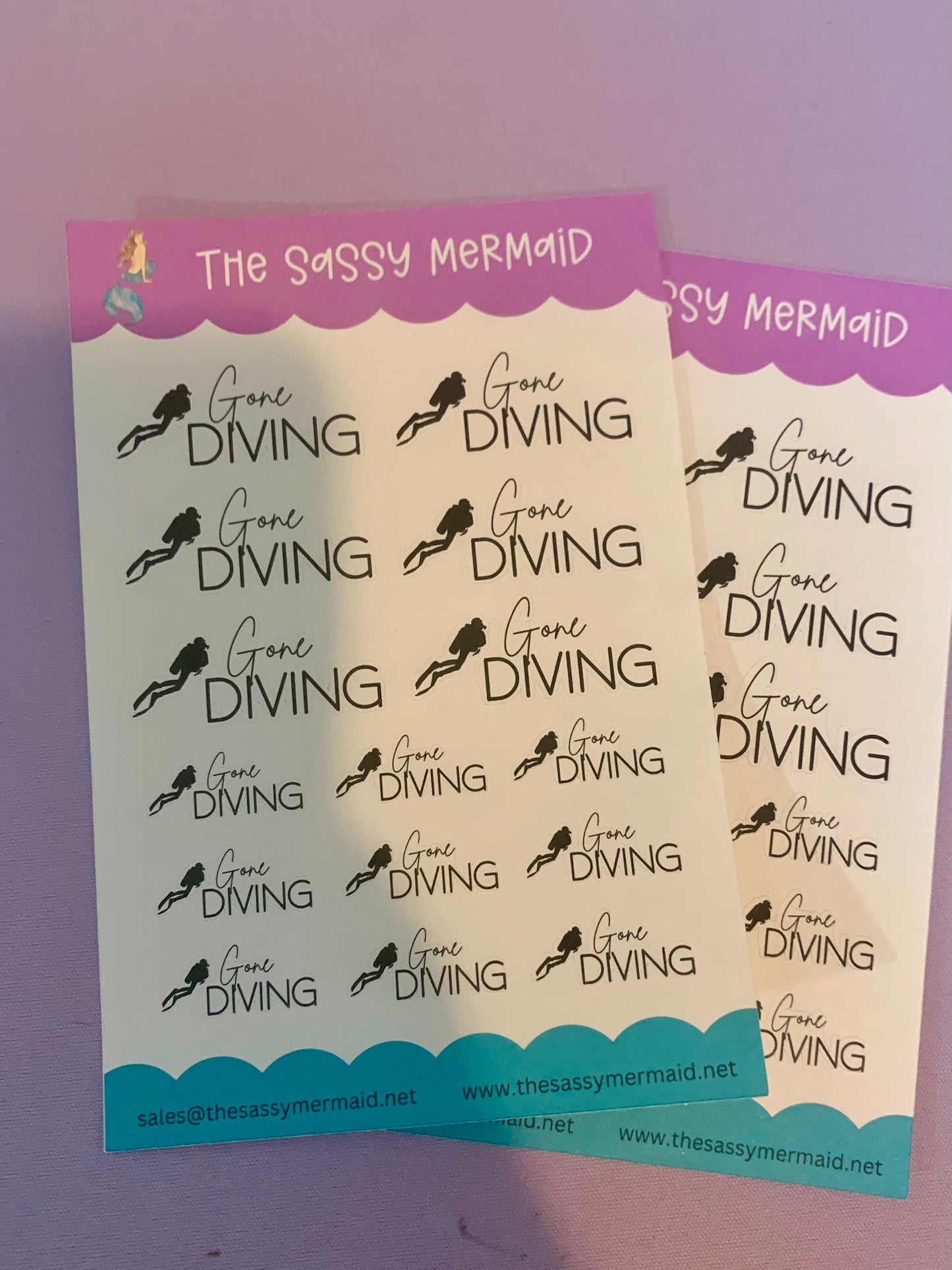 Gone Diving sheet stickers with diver