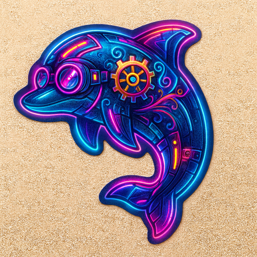 Dolphin, Neon Steampunk Dolphin, Sticker