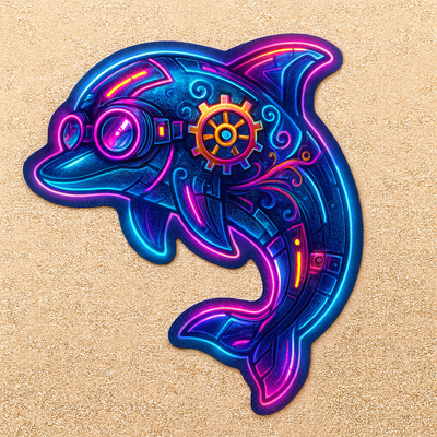 Dolphin, Neon Steampunk Dolphin, Sticker
