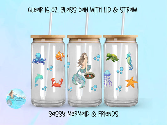 Sassy Mermaid & Friends 16 oz Libbey Clear Glass Can Cups /Lid and Straw Included