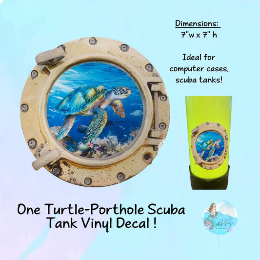 Scuba Tank Vinyl Decal , port hole looking sticker, turtle underwater scene