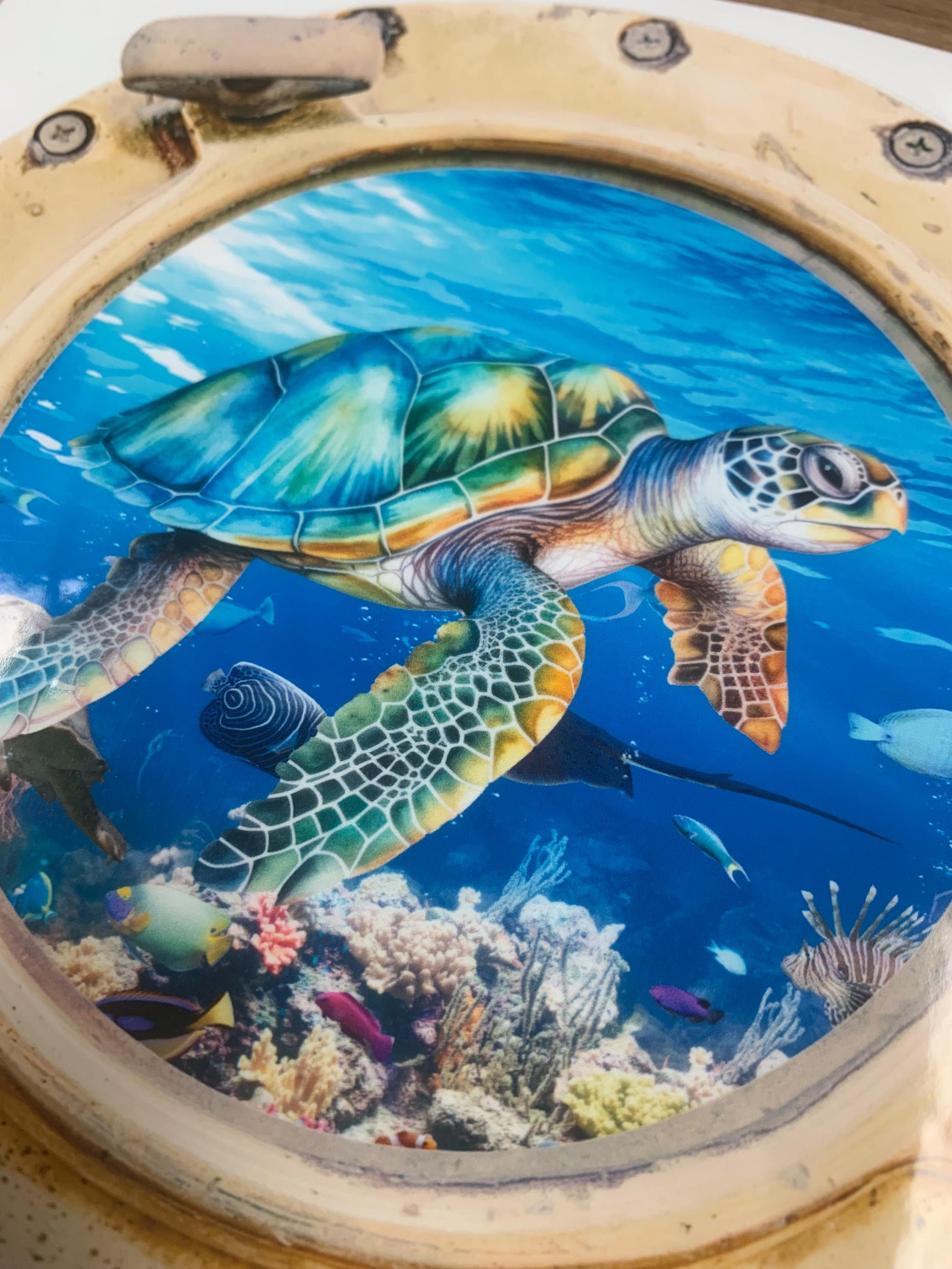 Scuba Tank Vinyl Decal , port hole looking sticker, turtle underwater scene