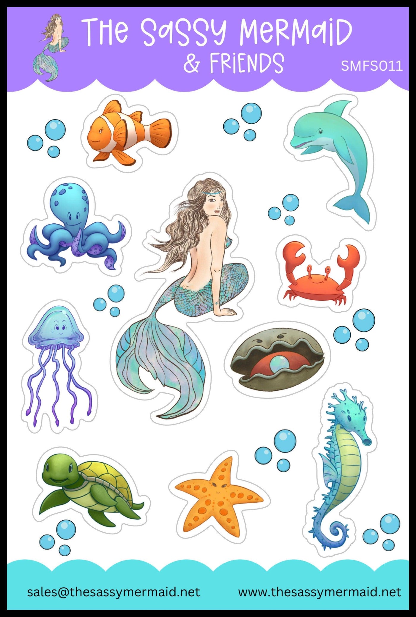 The Sassy Mermaid - Waterproof Sticker Sheet - Sassy Mermaid & Friends