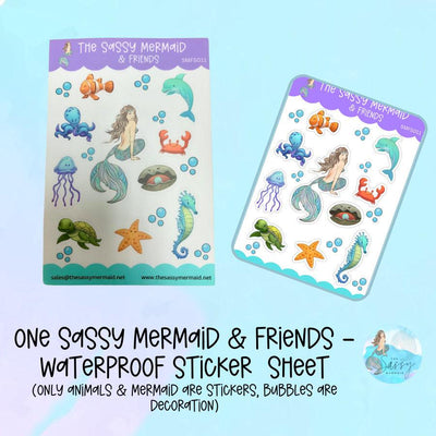 The Sassy Mermaid - Waterproof Sticker Sheet - Sassy Mermaid & Friends