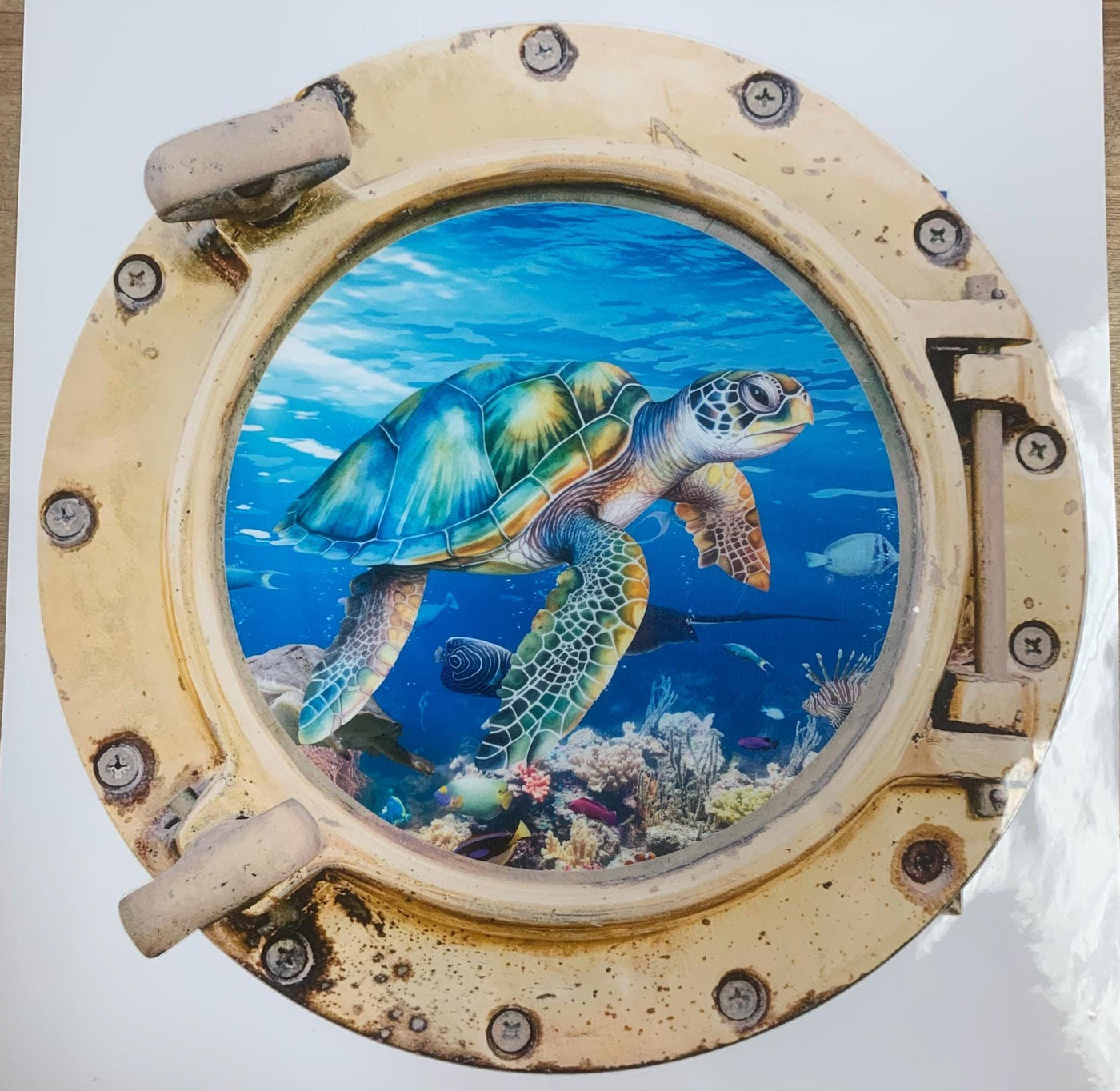 Scuba Tank Vinyl Decal , port hole looking sticker, turtle underwater scene