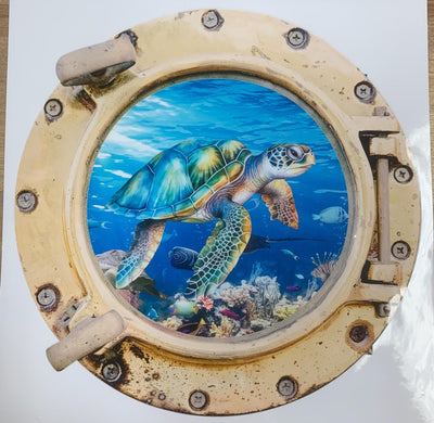 Scuba Tank Vinyl Decal , port hole looking sticker, turtle underwater scene