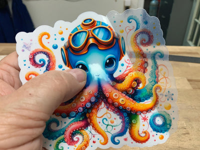 Octopus Diver - Multicolor - Steampunk - White Vinyl or Transparent, scuba, scuba diver, octopus diver sticker, steampunk octopus diver