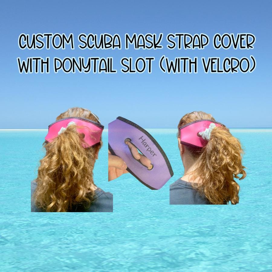 Customizable (2 sided) Mask Strap with ponytail slot and Velcro closure, Scuba mask strap, snorkel mask strap, scuba, snorkeling gear