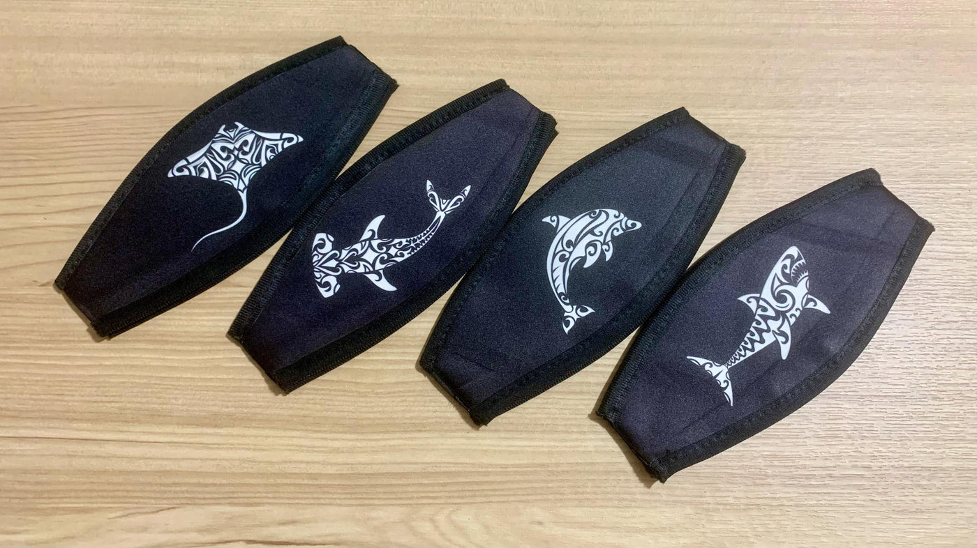 Tribal underwater animals Mask Strap with Velcro closure, Scuba mask strap, snorkel mask strap, manta, hammerhead, dolphin and shark
