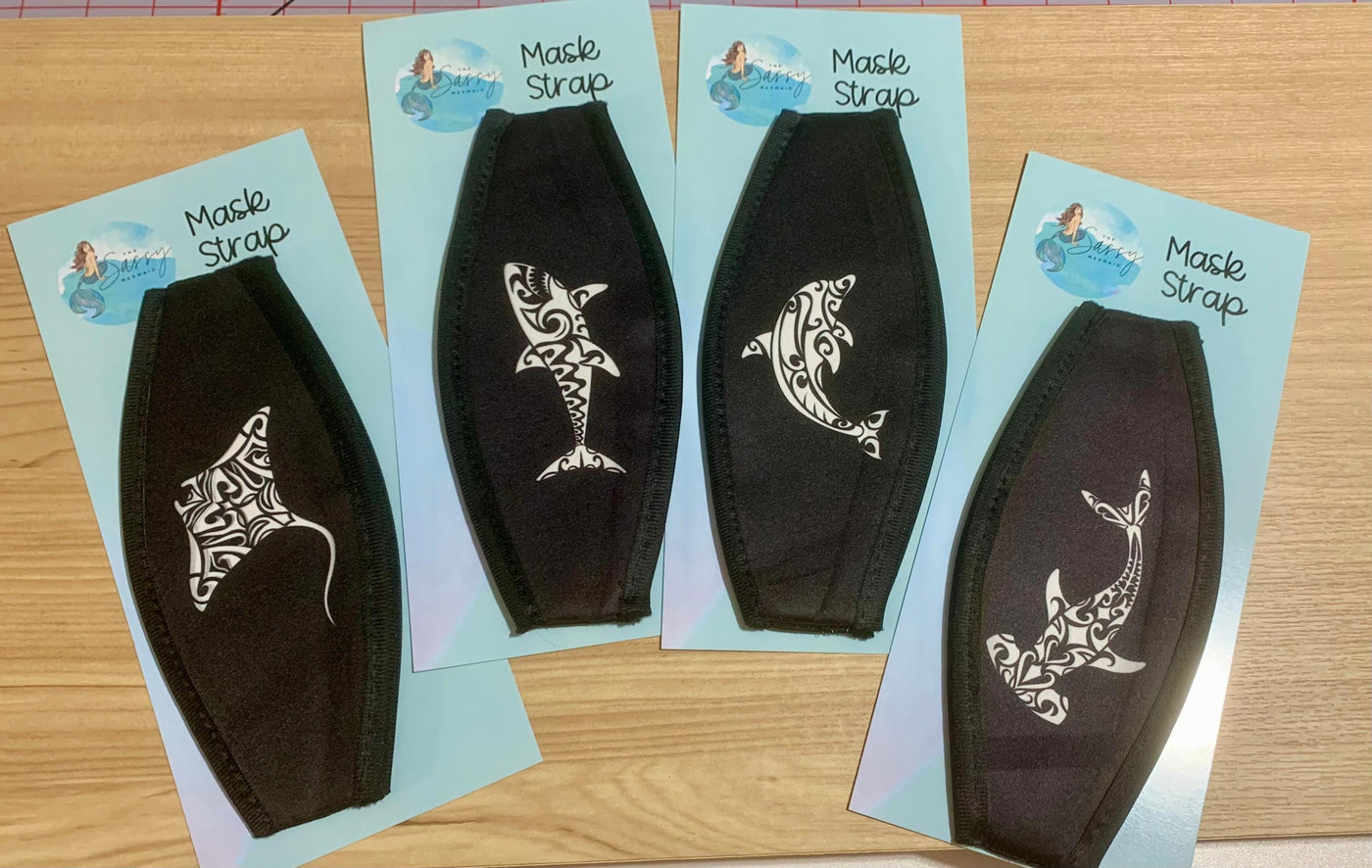 Tribal underwater animals Mask Strap with Velcro closure, Scuba mask strap, snorkel mask strap, manta, hammerhead, dolphin and shark